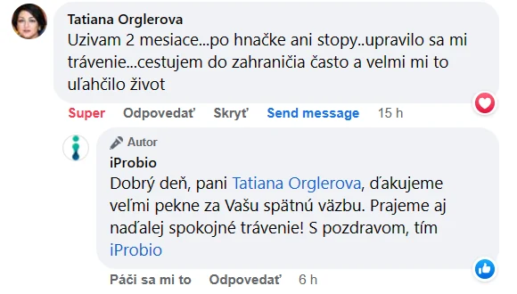 Facebook review from an iProbio customer about HIT na Trávenie+®