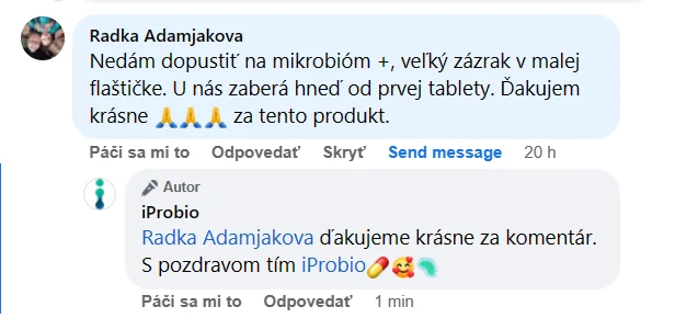 Facebook review from an iProbio customer about Mikrobióm+®