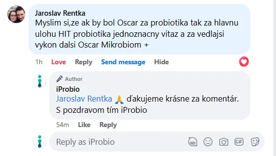 Facebook review from an iProbio customer about HIT na Trávenie+® and Mikrobióm+®