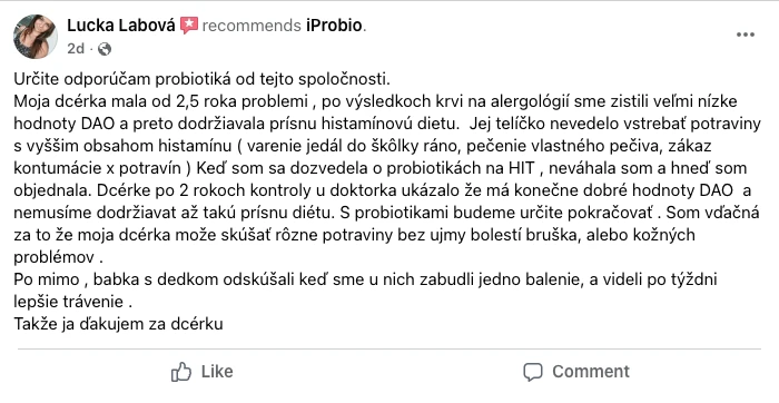 Facebook review from customer Lucka Labová, who recommends iProbio