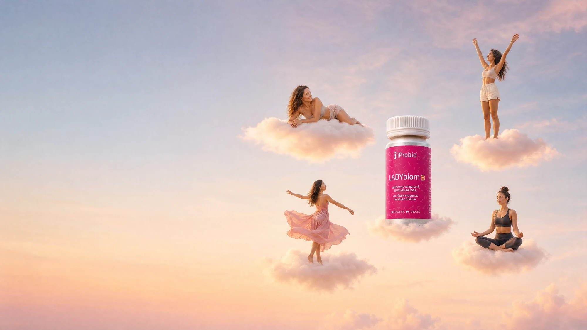 LADYbiom+® among clouds, with four women around it, each on her own cloud